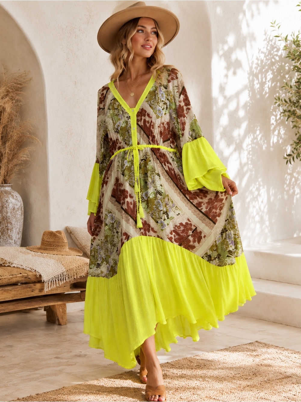 🍋 Oddi Los Angeles Sample Boho Floral Neon Ruffle Maxi Dress S NWOT